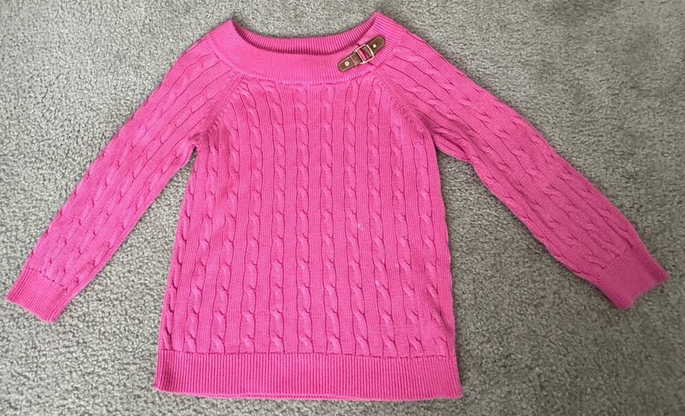 Lauren Ralph Lauren Pink Cable Knit Sweater Petite Small PS Cotton Buckle Neck